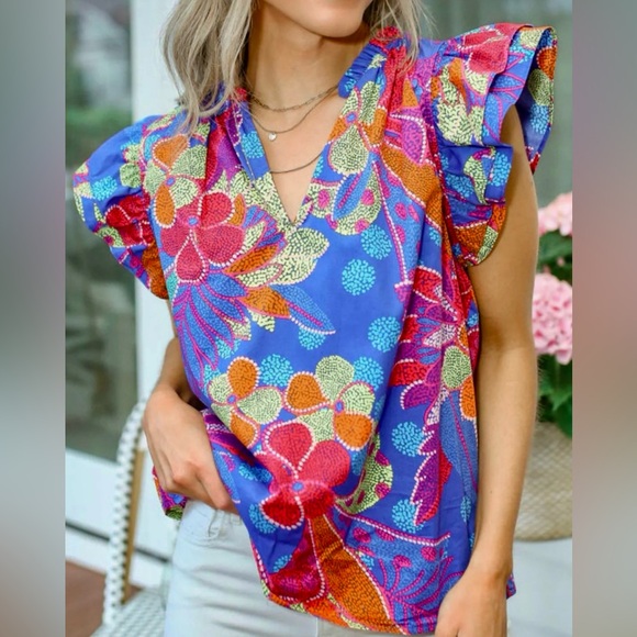 Sz M Anthropologie Sugarlips Amozonia Blue Risette Ruffle Sleeve Shirt - Picture 1 of 16